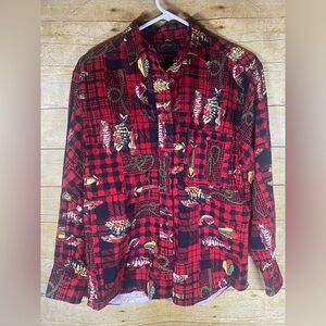 Vintage British Khaki Robert Lighton Fishing Button Up Flannel Shirt Womens 8